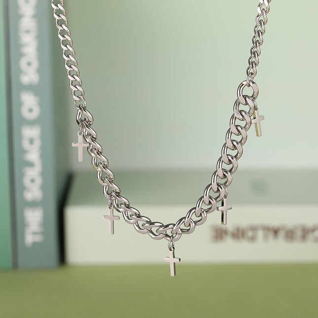 Collar De Cadena Gruesa Entrelazada De Acero Inoxidable Con Borlas De Cruz A La Moda