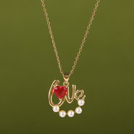 Collar De Cobre Con Colgante De LOVE Y Corazón Tridimensional Con Perlas