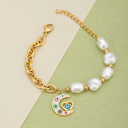 Pulsera Con Diseño De Ojo Y Luna Vintage Con Perlas De Cobre Chapado En Oro 14K