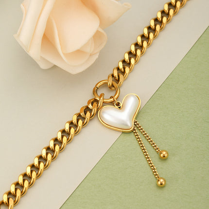 Pulsera De Corazón Con Perlas Y Flecos En Cobre Chapado En Oro 14K