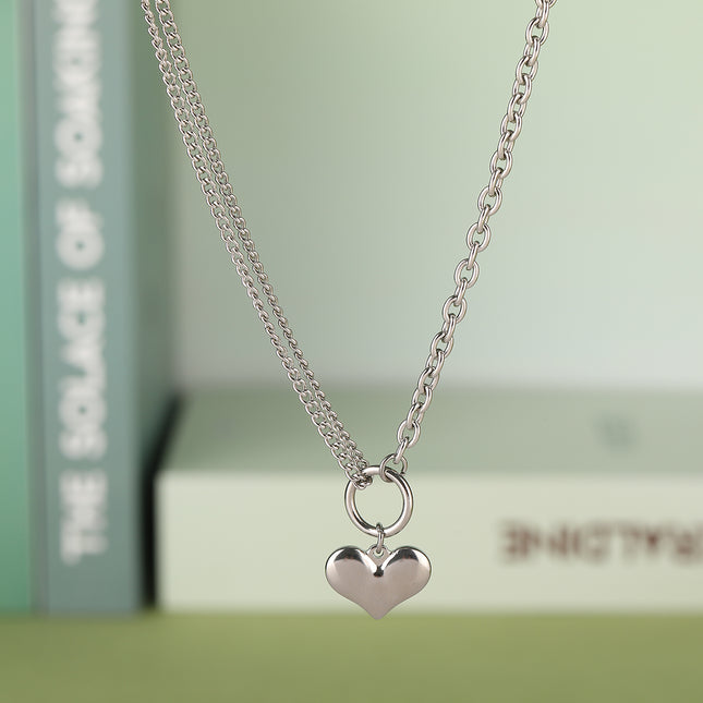 Collar Simple De Acero Inoxidable Versátil Con Colgante De Corazón Plata De Moda Casual