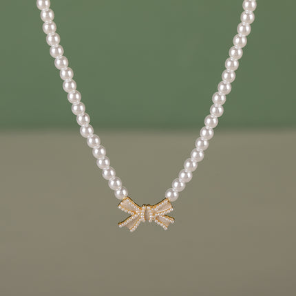Collar De Estilo Francés De Perlas Blancas Elegante Con Lazo De Lujo Leve De Moda