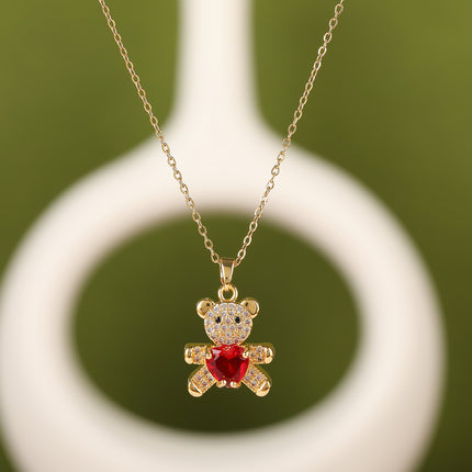 Collar De Acero Inoxidable De Moda Con Colgante De Oso Rojo Con Diamantes De Imitación