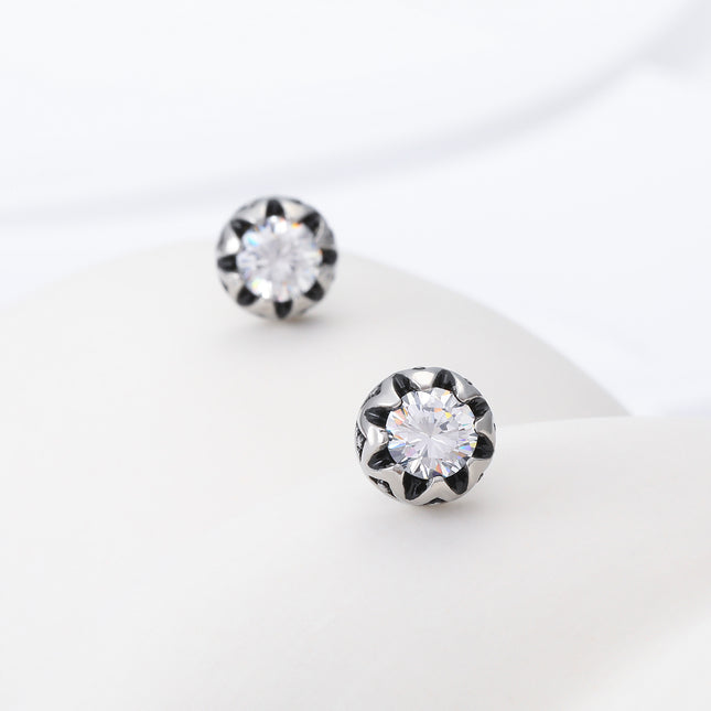 Aretes De Acero Inoxidable Para Hombre Con Diseño Vintage De Corona Y Zirconia