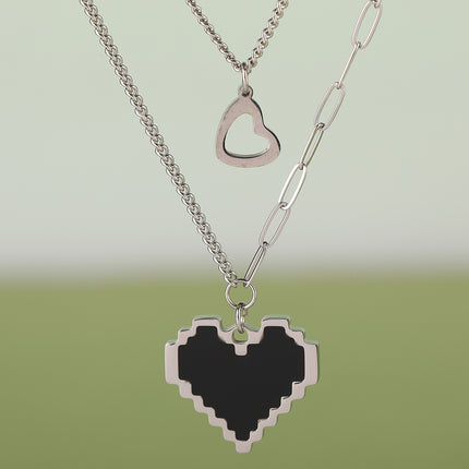 Collar Cadena De Doble Capa De Corazones Huecas Con Elementos De Mosaico De Moda