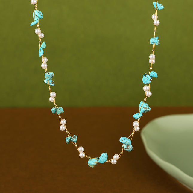 Collar De Cuentas De Turquesa De Colores De Moda De Cadrna De Acero Inoxidable Con Perlas