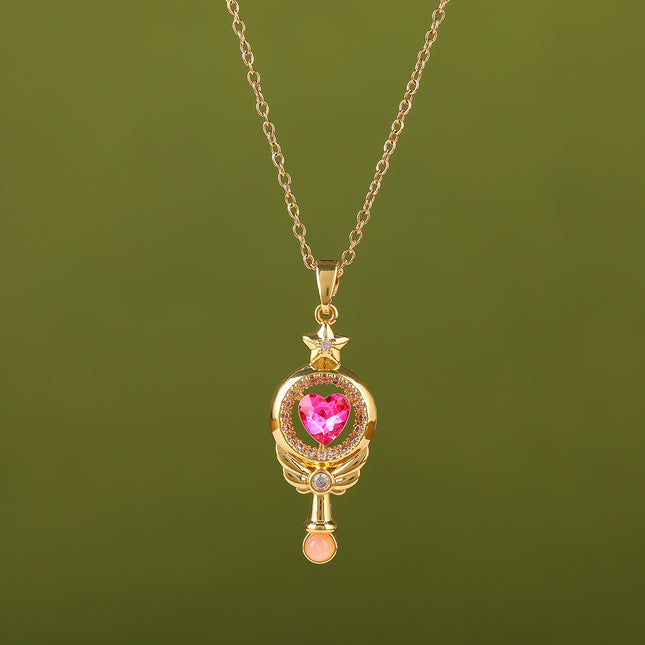 Collar De Cobre Con Colgante De Varita Mágica Con Diamante De Corazón Rosada De Estilo Infantil