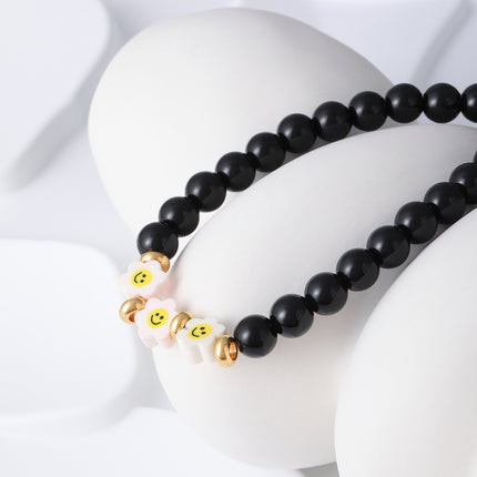Pulsera De Cuentas De Cristal Negro Con Detalles De Flores