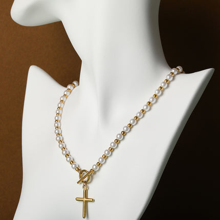 Collar De Perlas Con Colgante De Cruz Tridimensional De Moda De Acero Inoxidable
