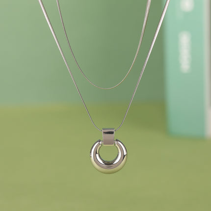 Collar De Doble Capa Con Colgante De Anillo Curvado De Cadena De Serpiente De Acero Inoxidable