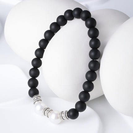 Pulsera De Cuentas De Cristal Negro Con Detalles De Perlas