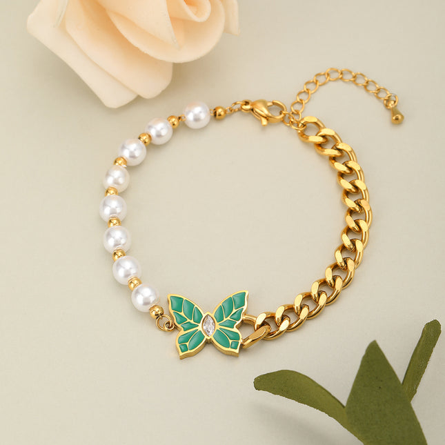 Pulsera Con Diseño De Mariposa Verde Y Perlas Vintage De Cobre Chapado En Oro 14K