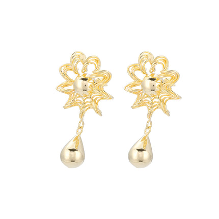 Aretes Cobre En Oro 18K Con Colgante De Gota Y Flor De Sol