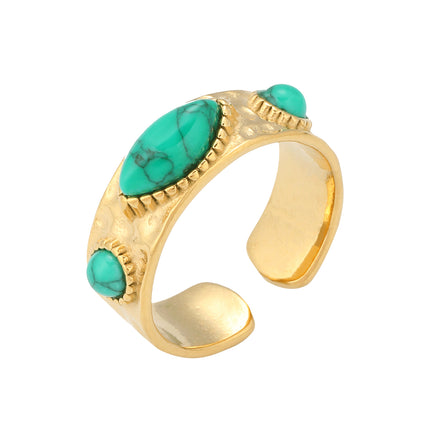 Anillo Abierto Con Piedra Natural Verde En Acero Inoxidable Chapado En Oro 14K