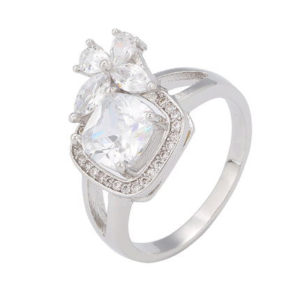 Anillo Con Diseño De Doble Capa De Corazón Y Trébol Con Diamantes De Zirconia En Cobre Chapado En Plata