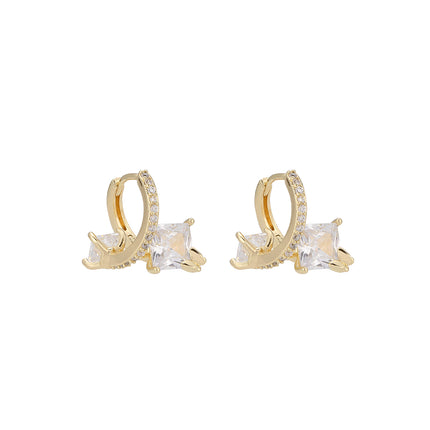 Aretes De Cobre Con Doble Zirconia, Diseño Elegante Con Baño Oro 18K