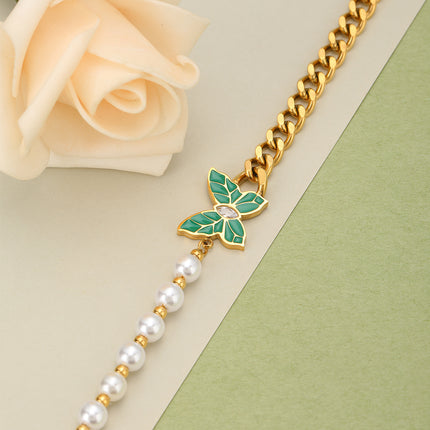 Pulsera Con Diseño De Mariposa Verde Y Perlas Vintage De Cobre Chapado En Oro 14K