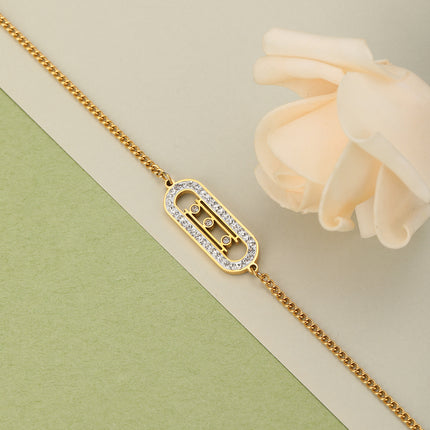 Pulsera De Acero Con Geometría Y Zirconia, Diseño Moderno En Oro De 14K