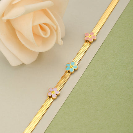 Pulsera Dorada Con Tres Flores De Colores Y Cadena Serpiente