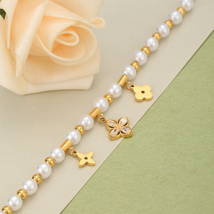 Pulsera Con Diseño De Flor De Cuatro Hojas Y Perlas En Cobre Chapado En Oro 14K