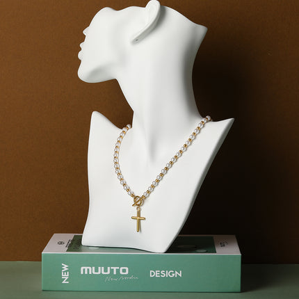 Collar De Perlas Con Colgante De Cruz Tridimensional De Moda De Acero Inoxidable