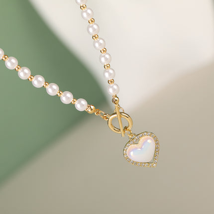 Collar De Cadena De Perlas De Pegamento Con Circón Y Colgante En Forma De Corazón