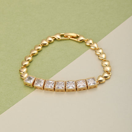 Pulsera De Cobre Con Cadena De Corazones Y Cubos De Zirconia Brillante