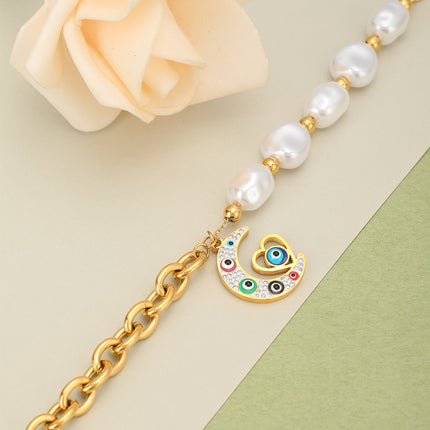 Pulsera Con Diseño De Ojo Y Luna Vintage Con Perlas De Cobre Chapado En Oro 14K