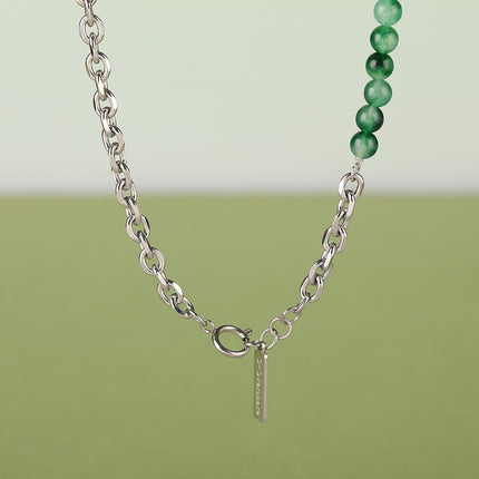 Collar De Cadena De Media Acero Inoxidable Media Bolas De Jade De Moda De Lujo Leve