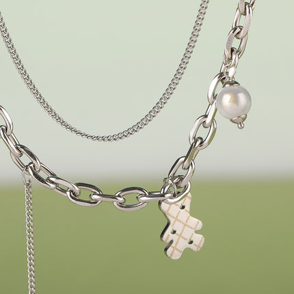 Cadena De Doble Capa Con Colgante Multitesoro De Cara Sonriente Y Oso Personalizado De Moda