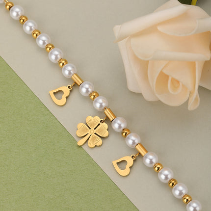 Pulsera De Perlas Con Hojas De Ginkgo De Cobre Chapado En Oro 14K