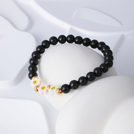 Pulsera De Cuentas De Cristal Negro Con Detalles De Flores