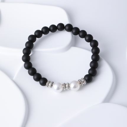 Pulsera De Cuentas De Cristal Negro Con Detalles De Perlas