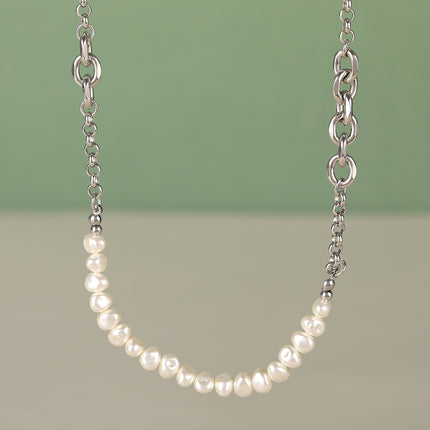 Collar Con Perlas De Cadena De Acero Inoxidable Con Hebilla De Anillo De Lujo Leve De Moda