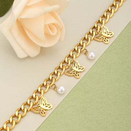Pulsera De Mariposa Y Perlas De Estilo Cubano En Cobre Chapado En Oro 14K