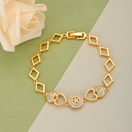 Pulsera De Cadena Cobre Con Corazones De Circonita Y Cadena Romboidal