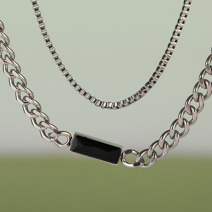 Collar Personalizado De Cadena De Doble Capa Con Ladrillo Negro Decoratico De Moda