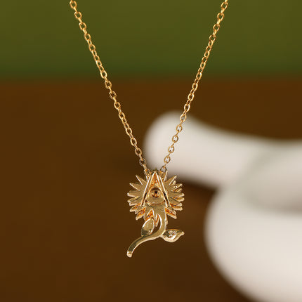 Collar Con Colgante De Girasol Giratorio De Cobre Y Circón De Moda De Acero Inoxidable