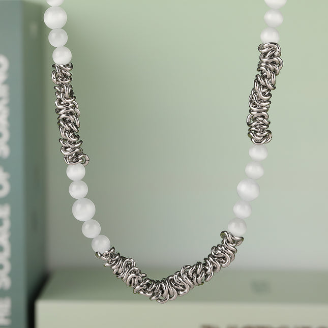 Collar Hermoso De Acero Inoxidable Simple Con Bolas De Ágata Blanca De Moda