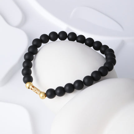 Pulsera De Cuentas De Piedra Negra Con Detalles Dorados, Estilo Elegante