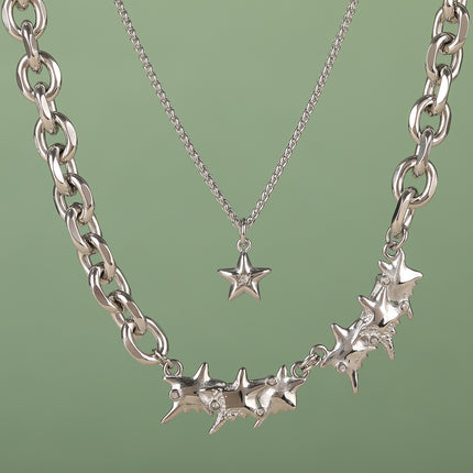 Collar De Doble Capa De Cadena De Acero Inoxidable Con Estrellas De Mar De Moda