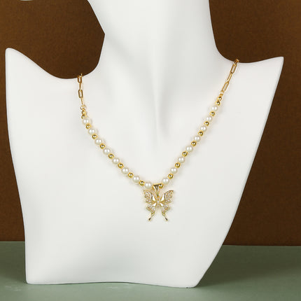 Collar De Lujo Leve De Acero Inoxidable Con Perlas Con Colgante De Mariposa De Moda