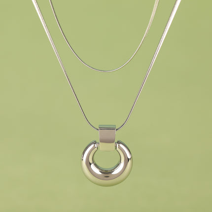 Collar De Doble Capa Con Colgante De Anillo Curvado De Cadena De Serpiente De Acero Inoxidable