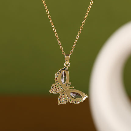 Collar De Cadena De Cobre Con Colgante De Mariposa Colorido De Diamante De Imitación Casual