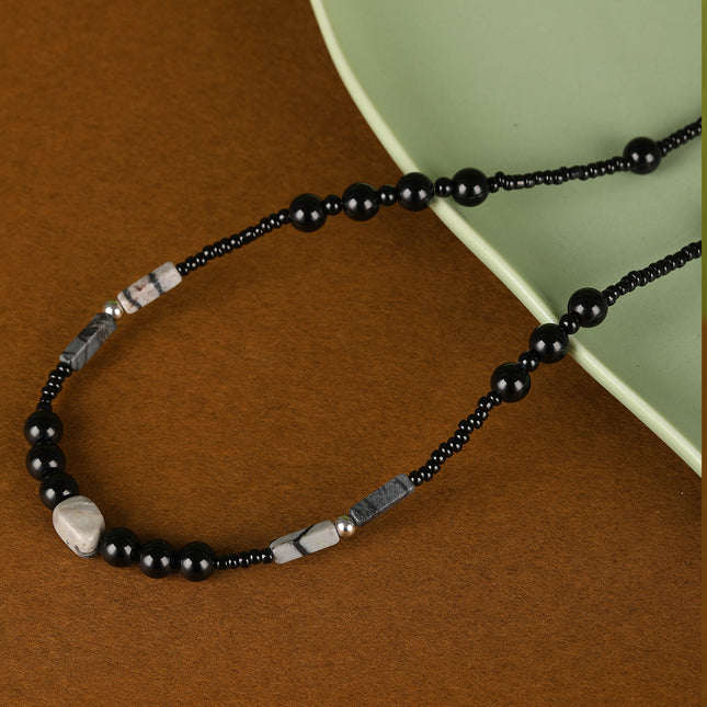 Collar De Cuentas De Vidrio Negras De Estilo Neutro Frío De Moda Con Perla