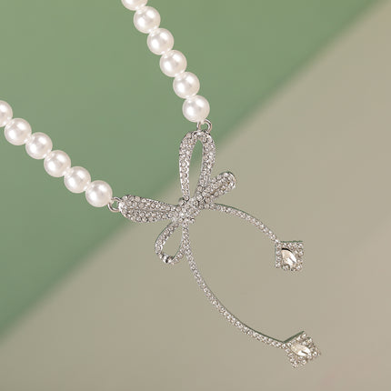 Collar Elegante De Perlas Con Colgante De Cobre De Lazo De Lujo Leve De Moda