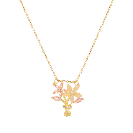 Collar Versátil De Cobre Con Colgante De Diamante De Imitación De Un Ramo De Flores Rosadas
