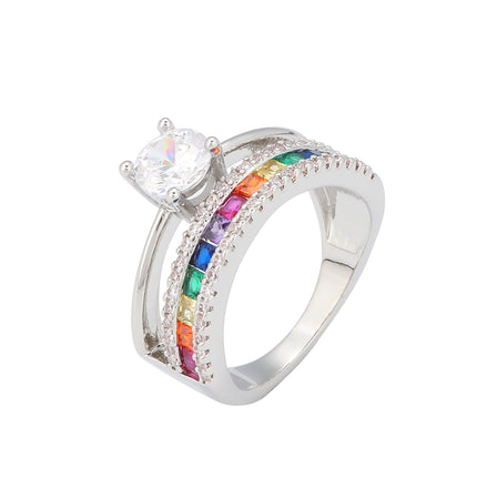 Anillo Con Diseño Multicapa Y Hueco Con Diamantes Zirconia De Cobre Chapado En Plata