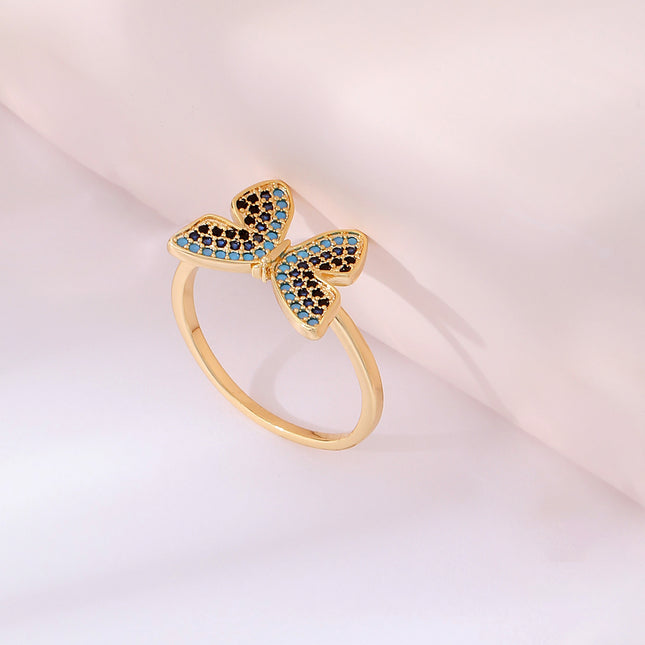 Anillo Con Diseño De Mariposa Colorida Y Diamantes De Zirconia En Cobre