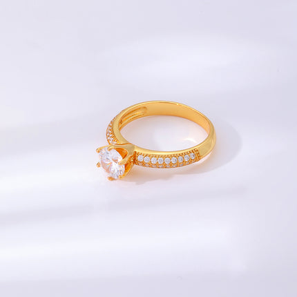 Anillo Con Diseño Seis Garras De Diamantes De Zirconia De Cobre Chapado En Oro 14K